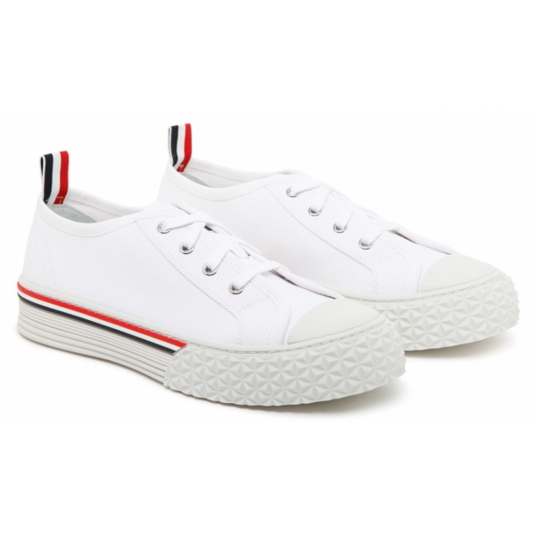 Thom Browne - Sneakers con Rifiniture a Righe in Cotone Bianco - Thom Browne Exclusive Luxury Collection