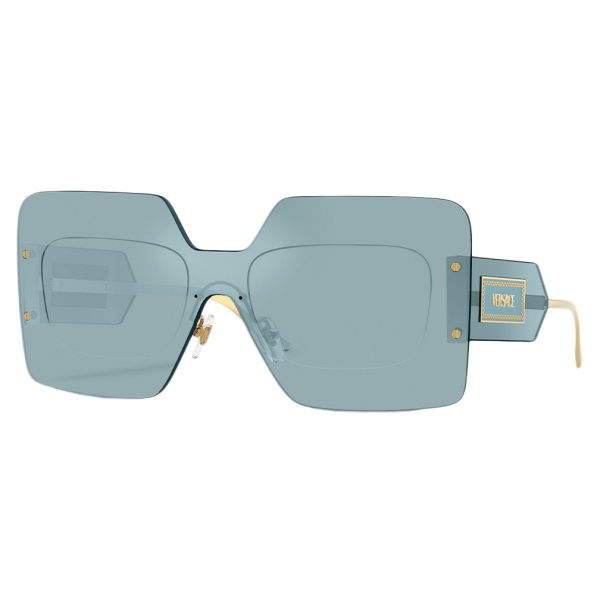 Versace - Occhiale da Sole Shield Damier Plaque - Azzurro Oro - Occhiali da Sole - Versace Eyewear