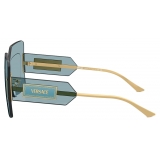 Versace - Occhiale da Sole Shield Damier Plaque - Azzurro Oro - Occhiali da Sole - Versace Eyewear