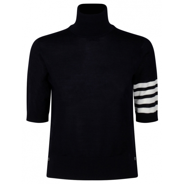 Thom Browne - Maglione Dolcevita Blu Navy a Maniche Corte - Thom Browne Exclusive Luxury Collection