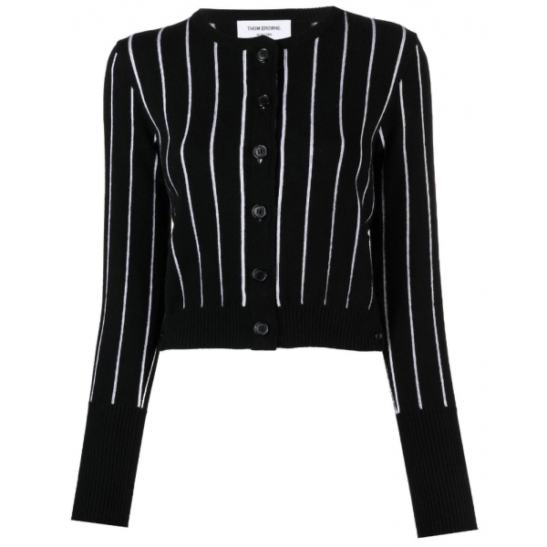 Thom Browne - Cardigan Corto con Scollo a Giro in Jacquard a Righe Sottili - Thom Browne Exclusive Luxury Collection