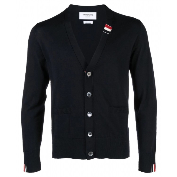 Thom Browne - Cardigan con Scollo a V Rilassato a Righe in Jersey di Lana Merino Fine - Thom Browne Exclusive Luxury Collection