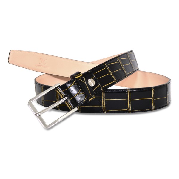 Ammoment - Cintura - Coccodrillo del Nilo in Nero e Oro - Cintura in Pelle di Alta Qualità Luxury