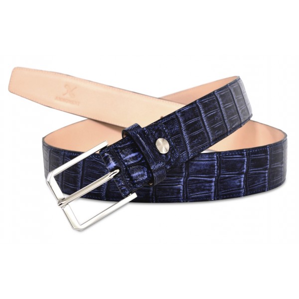 Ammoment - Cintura - Coccodrillo del Nilo in Blu Navy Antico - Cintura in Pelle di Alta Qualità Luxury