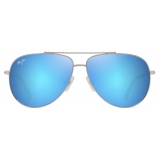 Maui Jim - Hau‘Oli - Shiny Silver with Blue & Green Blue Hawaii - Polarized Aviator Sunglasses