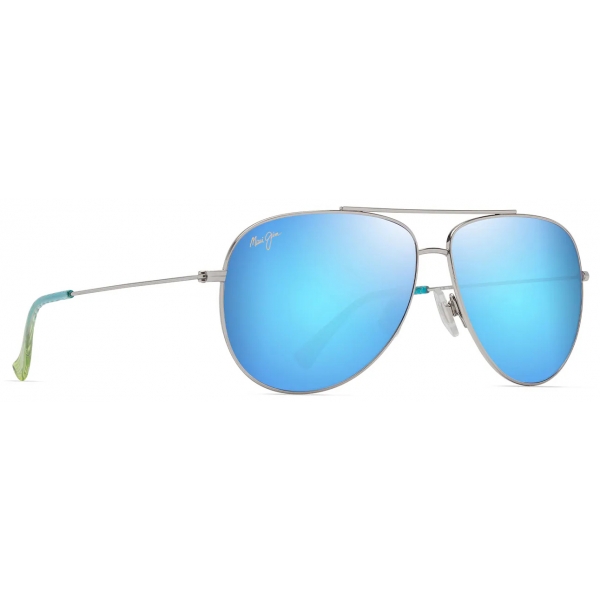 Maui Jim - Hau‘Oli XL - Shiny Silver with Blue & Green Blue Hawaii - Polarized Aviator Sunglasses