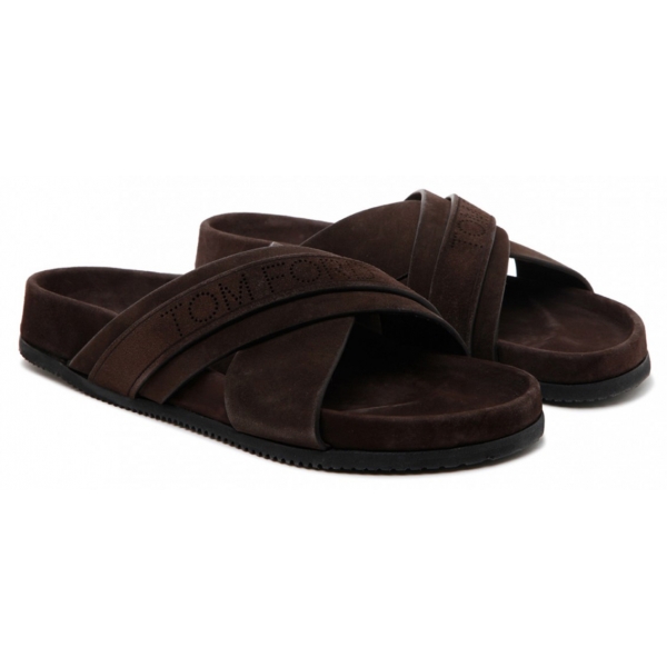 Tom Ford - Chocolate Brown Calf Suede Crossover Logo Strap Slides - Tom Ford Exclusive Luxury Collection