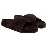 Tom Ford - Chocolate Brown Calf Suede Crossover Logo Strap Slides - Tom Ford Exclusive Luxury Collection