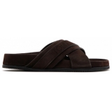 Tom Ford - Chocolate Brown Calf Suede Crossover Logo Strap Slides - Tom Ford Exclusive Luxury Collection