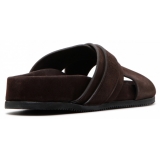 Tom Ford - Chocolate Brown Calf Suede Crossover Logo Strap Slides - Tom Ford Exclusive Luxury Collection