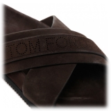 Tom Ford - Chocolate Brown Calf Suede Crossover Logo Strap Slides - Tom Ford Exclusive Luxury Collection