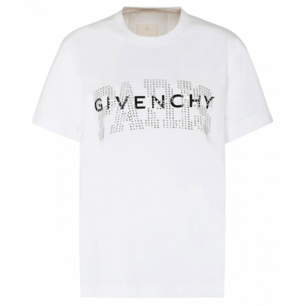 Givenchy - T-Shirt con Stampa Logo Strass Cotone Bianco - Givenchy Exclusive Luxury Collection