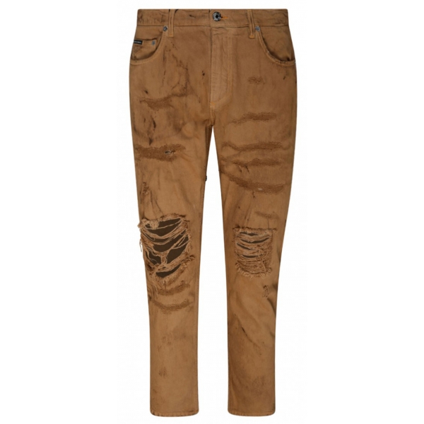 Dolce & Gabbana - Light Brown Cotton Ripped Slim Fit Jeans - Dolce & Gabbana Exclusive Luxury Collection