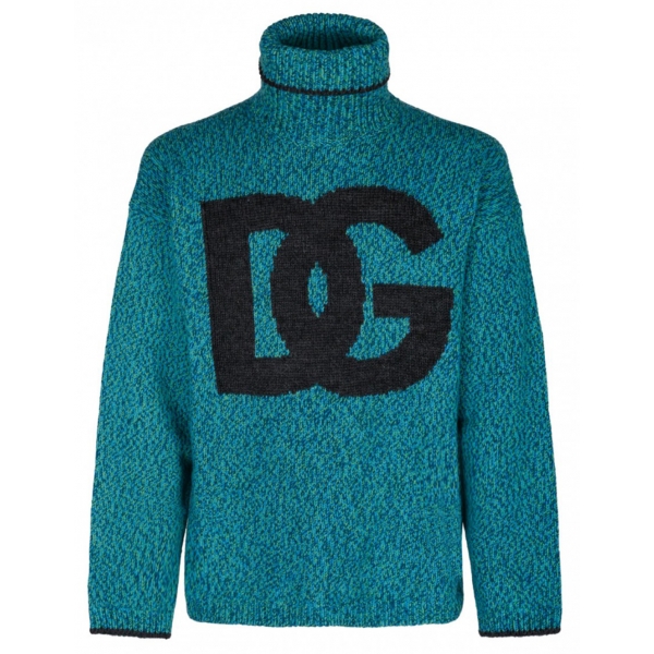 Dolce & Gabbana - Maglione con Logo in Misto Lana Verde Mare e Nero - Dolce & Gabbana Exclusive Luxury Collection