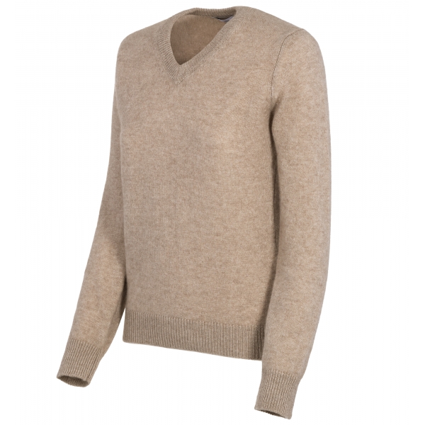 Avvenice - Theria - Maglione con Scollo a V Donna in Cashmere Loro Piana - Tundra - Maglieria - Luxury Exclusive Collection