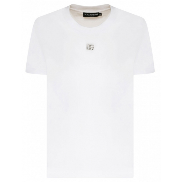 Dolce & Gabbana - T-Shirt in Cotone Bianco con Cristalli - Dolce & Gabbana Exclusive Luxury Collection