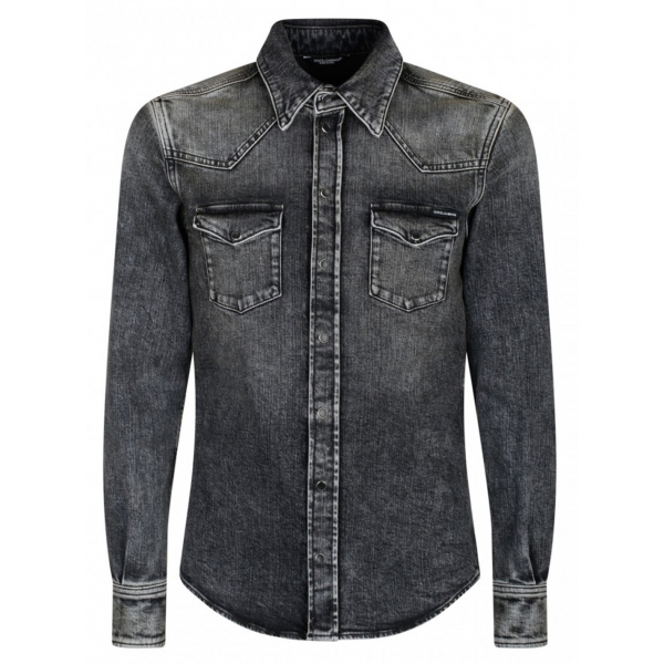 Dolce & Gabbana - Camicia Uomo Denim Scolorito Grigio - Dolce & Gabbana Exclusive Luxury Collection