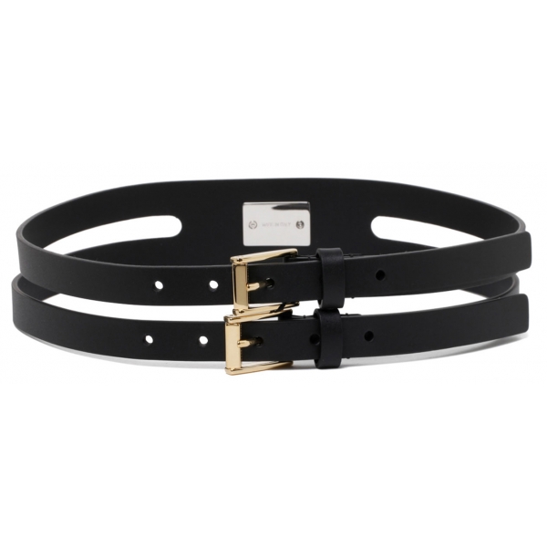 Dolce & Gabbana - Black Calf Leather Logo Plaque Double Strap Belt - Dolce & Gabbana Exclusive Luxury Collection