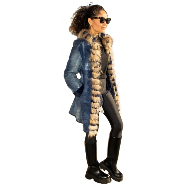 Miriam Tirinzoni - Aged Calfskin Jacket with Lapin Fur Interior - Blue Hazelnut - Jacket - Luxury Exclusive Collection