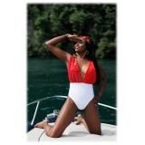 Miriam Tirinzoni - Bicolor White and Red Swimsuit with Sequins Accompanied by a Skirt - Swimwear - Luxury Exclusive Collection