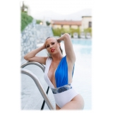 Miriam Tirinzoni - Tailored White and Blue Swimsuit with a Sequin Belt - Swimwear - Luxury Exclusive Collection