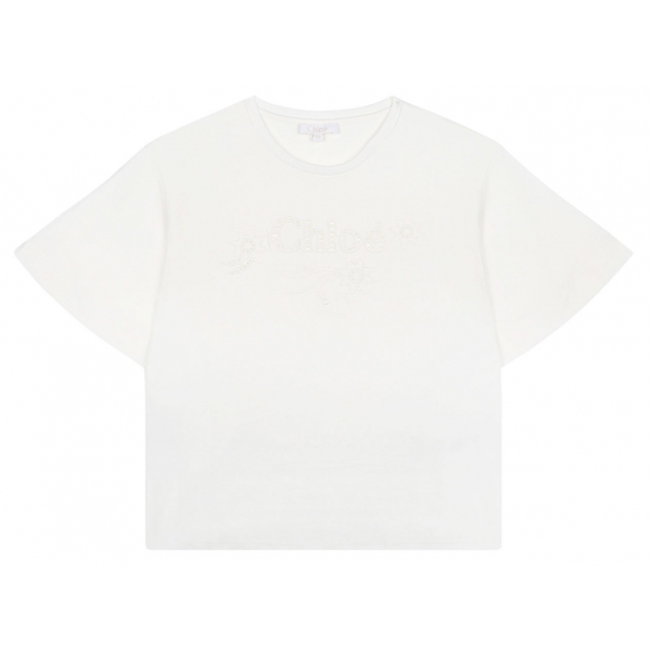 Chloé - T-Shirt con Logo Intagliato Ricamato Bianco - Chloé Exclusive Luxury Collection