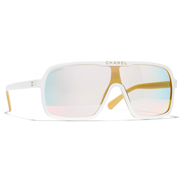 Chanel - Occhiali da Sole a Maschera - Bianco Oro Marrone Chiaro Specchiate - Chanel Eyewear