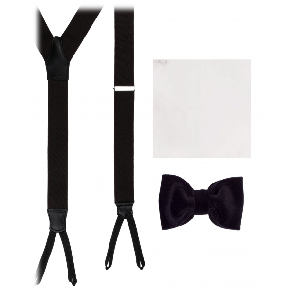 Viola Milano - Pacchetto Cravatta Nera - Papillon + Fazzoletto + Bretelle - Handmade in Italy - Luxury Exclusive Collection