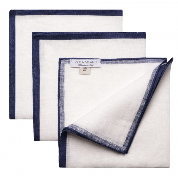 Viola Milano - Confezione da 3 Fazzoletti da Taschino in Lino - Navy - Handmade in Italy - Luxury Exclusive Collection