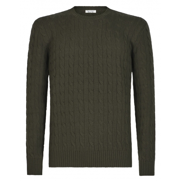 Viola Milano - Maglione in Maglia a Trecce 100% Cashmere - Verde Militare - Handmade in Italy - Luxury Exclusive Collection