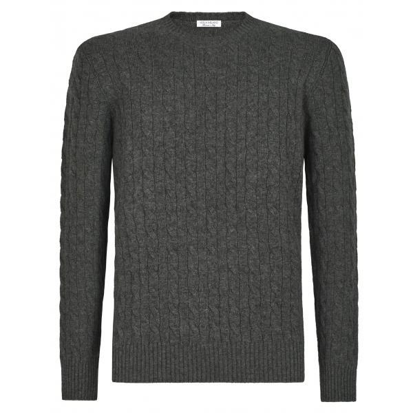 Viola Milano - Maglione in Maglia a Trecce 100% Cashmere - Grigio Scuro - Handmade in Italy - Luxury Exclusive Collection