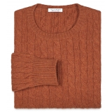 Viola Milano - Maglione in Maglia a Trecce 100% Cashmere - Arancione - Handmade in Italy - Luxury Exclusive Collection