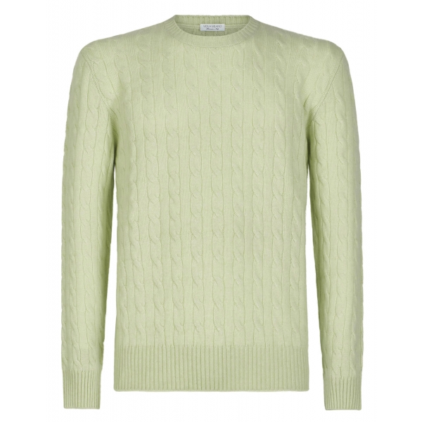 Viola Milano - Maglione in Maglia a Trecce 100% Cashmere - Pistacchio - Handmade in Italy - Luxury Exclusive Collection