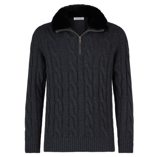 Viola Milano - Maglione con Zip in 100% Cashmere con Pelliccia - Antracite - Handmade in Italy - Luxury Exclusive Collection