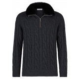Viola Milano - Maglione con Zip in 100% Cashmere con Pelliccia - Antracite - Handmade in Italy - Luxury Exclusive Collection