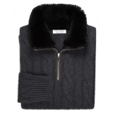 Viola Milano - Maglione con Zip in 100% Cashmere con Pelliccia - Antracite - Handmade in Italy - Luxury Exclusive Collection