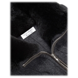 Viola Milano - Maglione con Zip in 100% Cashmere con Pelliccia - Antracite - Handmade in Italy - Luxury Exclusive Collection