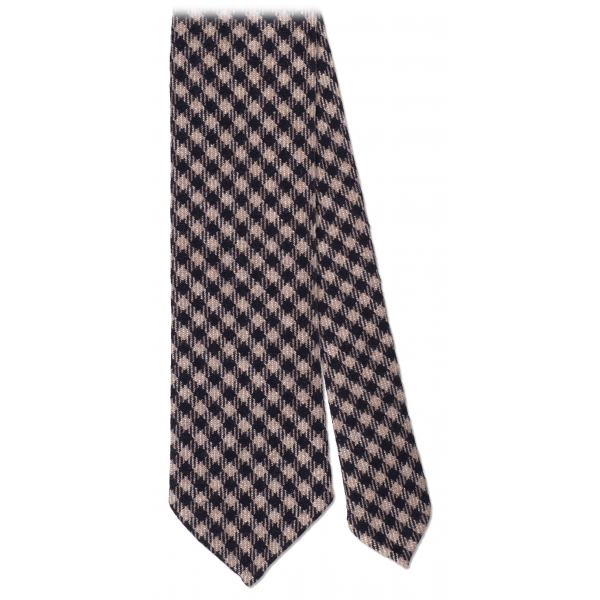 Viola Milano - Check Pattern Handrolled Cashmere Tie - Navy/Beige - Handmade in Italy - Luxury Exclusive Collection