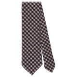 Viola Milano - Check Pattern Handrolled Cashmere Tie - Navy/Beige - Handmade in Italy - Luxury Exclusive Collection