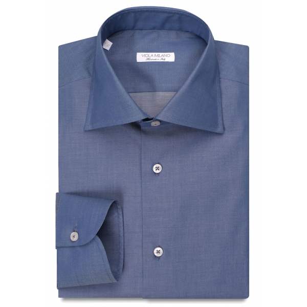 Viola Milano - Camicia Classica in Denim Italiano con Colletto in Chambray - Handmade in Italy - Luxury Exclusive Collection