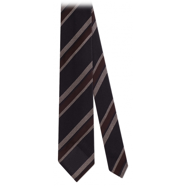 Viola Milano - Classic Stripe 3-Fold Grenadine Tie - Navy/Brown Mix - Handmade in Italy - Luxury Exclusive Collection