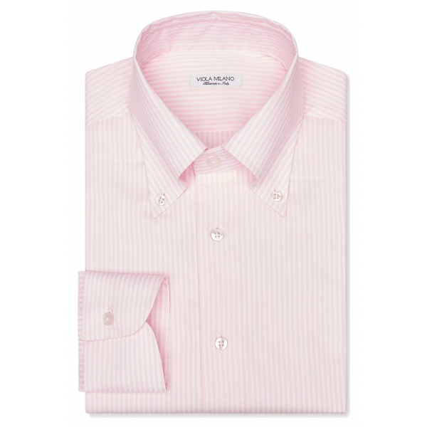 Viola Milano - Classic Stripe Button-Down Collar Dress Shirt - Pink/White - Handmade in Italy - Luxury Exclusive Collection