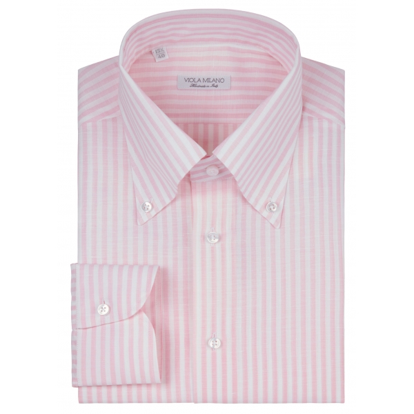 Viola Milano - Stripe Carlo Riva 100% Linen Button-down Shirt - Rosa Stripe - Handmade in Italy - Luxury Exclusive Collection