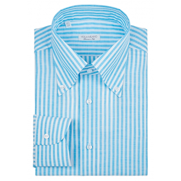 Viola Milano - Stripe Carlo Riva 100% Linen Button-down Shirt - Turquoise - Handmade in Italy - Luxury Exclusive Collection