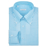 Viola Milano - Stripe Carlo Riva 100% Linen Button-down Shirt - Turquoise - Handmade in Italy - Luxury Exclusive Collection