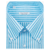 Viola Milano - Stripe Carlo Riva 100% Linen Button-down Shirt - Turquoise - Handmade in Italy - Luxury Exclusive Collection