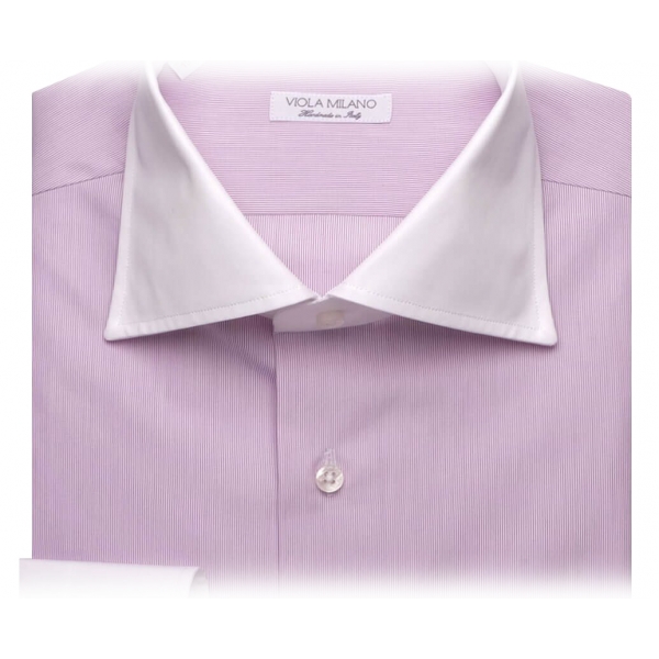 Viola Milano - Camicia con Colletto a Contrasto Francese - Righe Viola/Bianche - Handmade in Italy - Luxury Exclusive Collection
