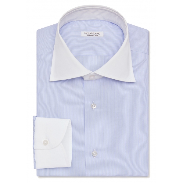 Viola Milano - Camicia a Righe con Colletto a Contrasto Cutaway - Blu/Bianco - Handmade in Italy - Luxury Exclusive Collection