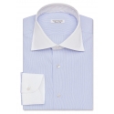 Viola Milano - Camicia a Righe con Colletto a Contrasto Cutaway - Blu/Bianco - Handmade in Italy - Luxury Exclusive Collection