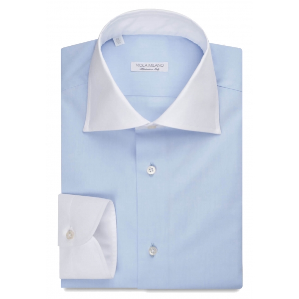 Viola Milano - Camicia con Colletto a Contrasto alla Francese - Blu/Bianco - Handmade in Italy - Luxury Exclusive Collection